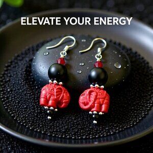 Super Cute! Large & Chunky! Black + Red Elephant Dangle Earrings! Tuskers!!!